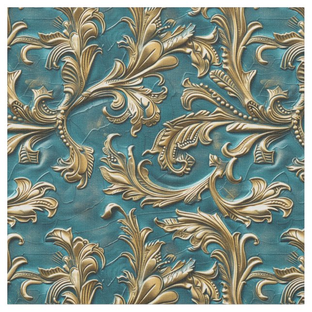 Elegant teal gold tooled carved leather fabric (Close Up)