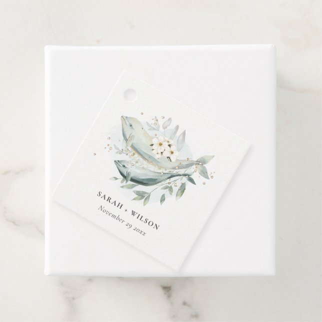 Elegant Teal Gold Underwater Floral Fish Wedding Favor Tags (In Situ)