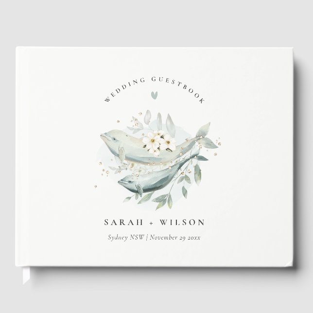 Elegant Teal Gold Underwater Floral Fish Wedding Guest Book (Front)
