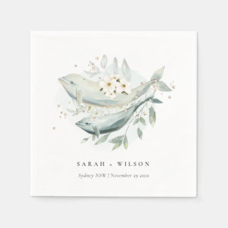 Elegant Teal Gold Underwater Floral Fish Wedding Napkins