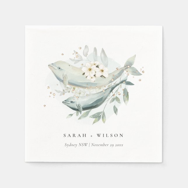 Elegant Teal Gold Underwater Floral Fish Wedding Napkins (Front)