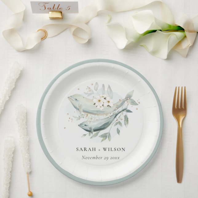 Elegant Teal Gold Underwater Floral Fish Wedding Paper Plates (Wedding)