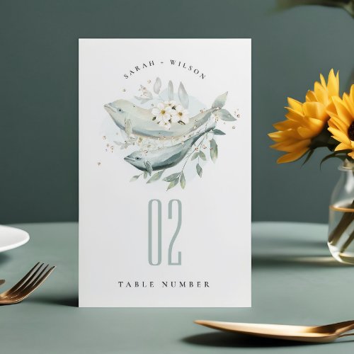 Elegant Teal Gold Underwater Floral Fish Wedding Table Number