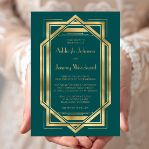 Elegant Teal Gold Vintage 1920s Deco Wedding Invitation
