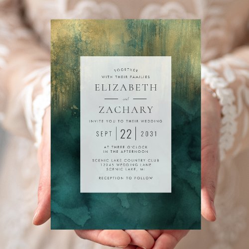 Elegant Teal Gold Watercolor Wedding Invitation
