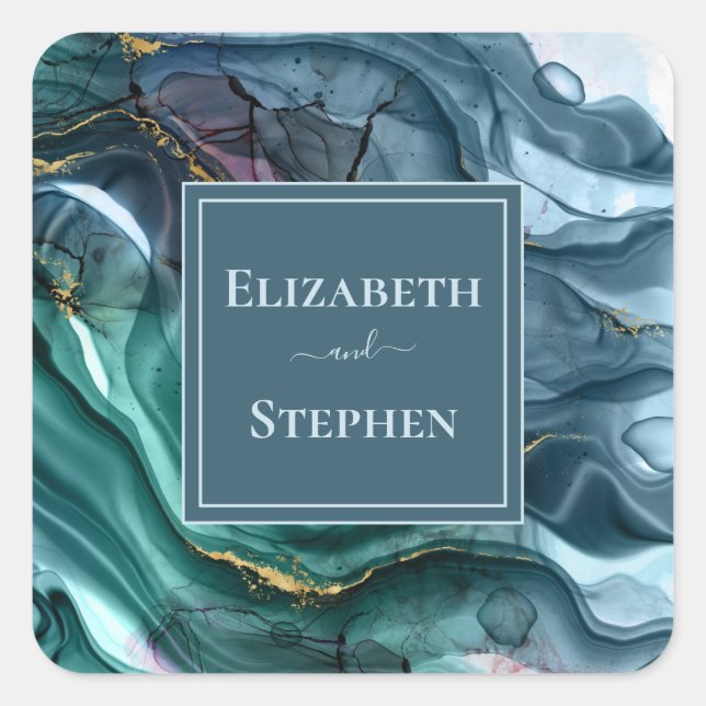 Elegant Teal & Gold Wedding  Square Sticker (Front)