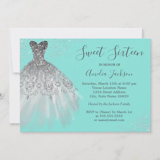Elegant Teal Gown Sweet Sixteen Invitation (Front)