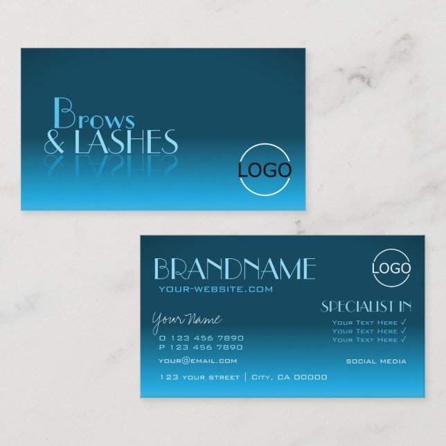 Elegant Teal Gradient Mirror Font Classic Logo Business Card (Front/Back)