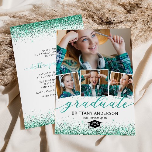 Elegant Teal Graduation 4 Photo Invitation