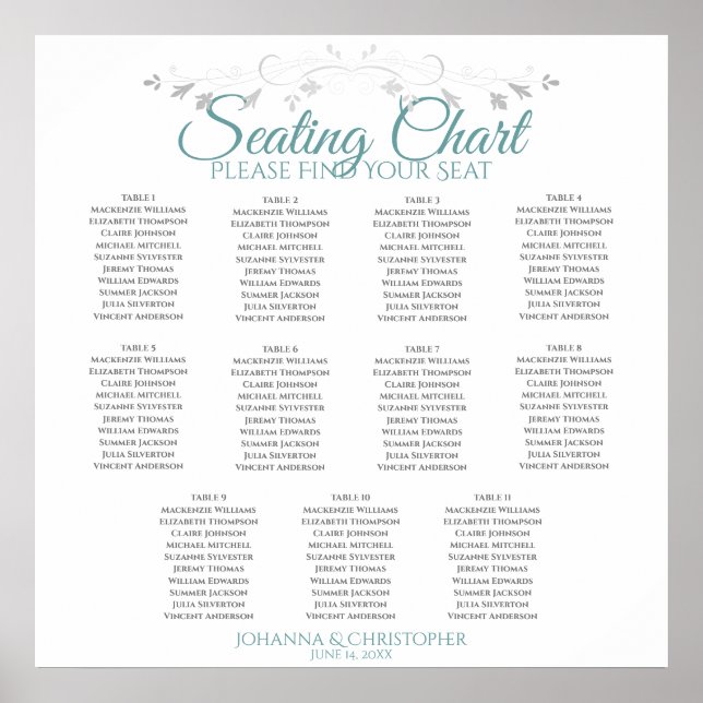 Elegant Teal & Gray 11 Table Wedding Seating Chart (Front)