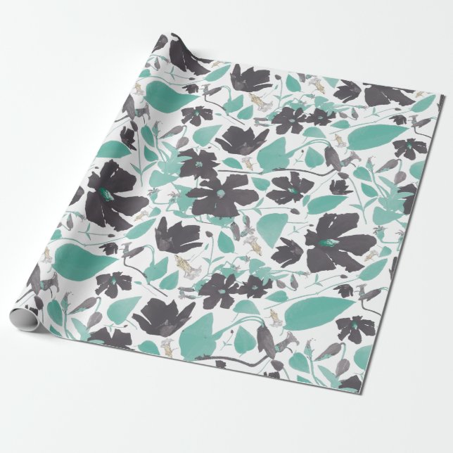Elegant Teal Gray Brown Clematis Floral Pattern Wrapping Paper (Unrolled)