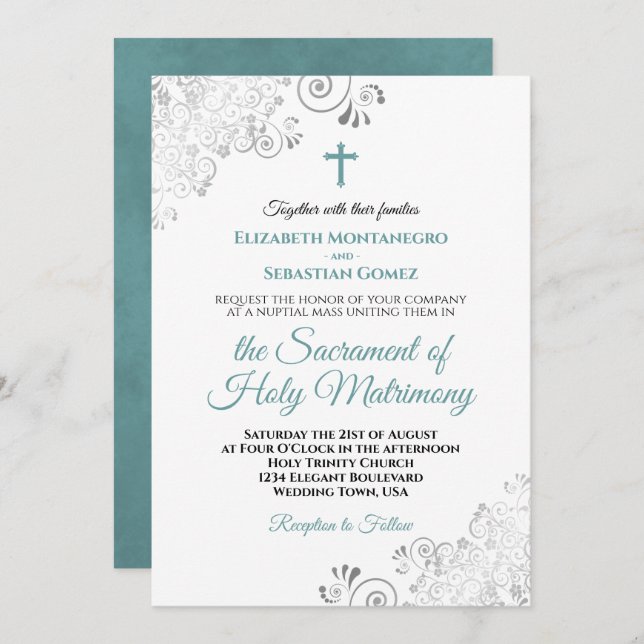 Elegant Teal & Gray Frills Modern Catholic Wedding Invitation (Front/Back)