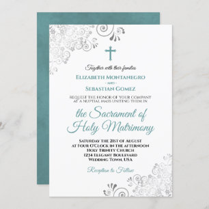 Elegant Teal & Gray Frills Modern Catholic Wedding Invitation