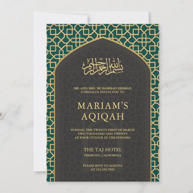 Elegant Teal Gray Gold Islamic Mihrab Aqiqah Invitation (Front)