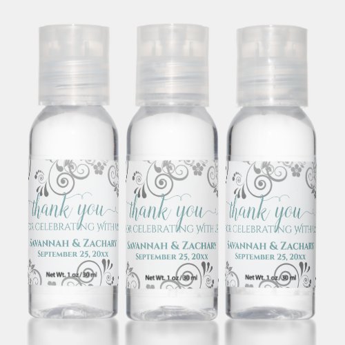 Elegant Teal  Gray on White Wedding Favor Thanks Hand Sanitizer