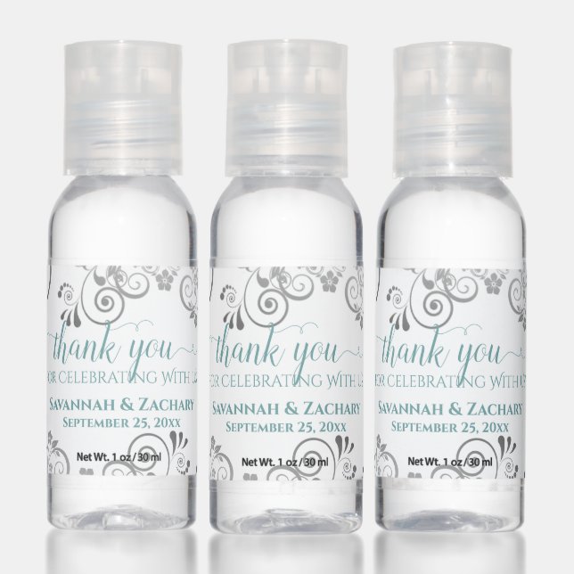 Elegant Teal & Gray on White Wedding Favor Thanks Hand Sanitizer (Set)