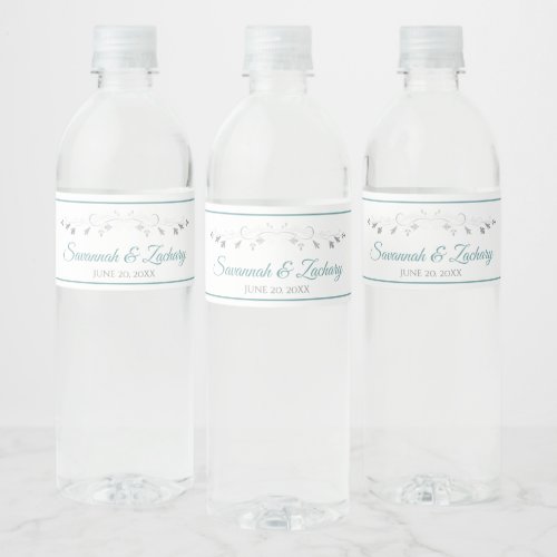 Elegant Teal  Gray Vintage Floral Border Wedding Water Bottle Label