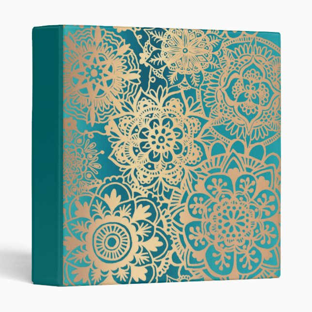 Elegant Teal Green and Gold Mandala Pattern 3 Ring Binder (Front/Spine)