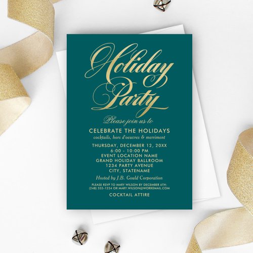 Elegant Teal Green and Gold Script Holiday Party Invitation