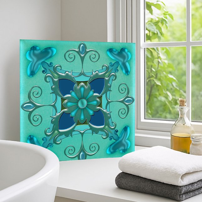 Elegant Teal Green Bathroom or Kitchen Tile (Artistic tile for bathroom or kitchen featuring a fantasy geometric design in teal and mint green)
