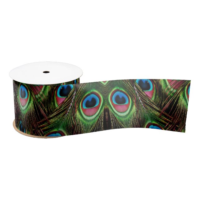 Elegant Teal Green Blue Turquoise Peacock Feather Satin Ribbon (Spool)