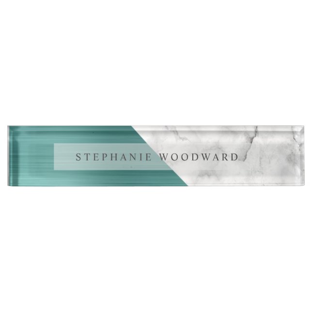 Elegant Teal Green Brushed Metal White Marble Desk Name Plate (Front)