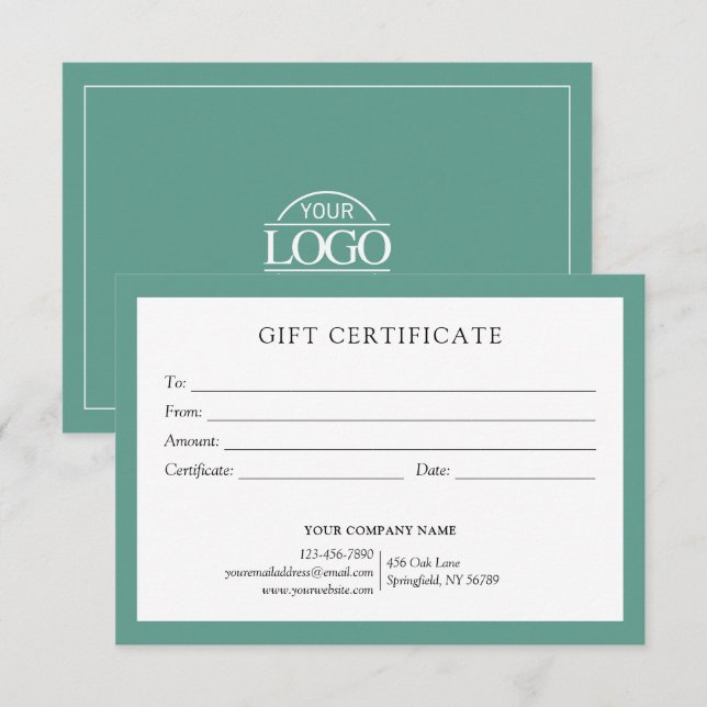 Elegant Teal Green Business Gift Certificate Logo (Front/Back)
