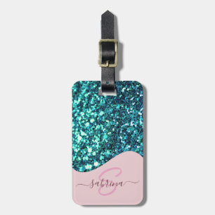 Elegant Teal Green Drip Glitter Monogrammed Name Luggage Tag