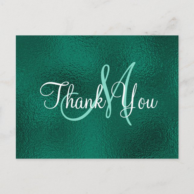 Elegant Teal Green Faux Foil Monogram Thank You Postcard (Front)