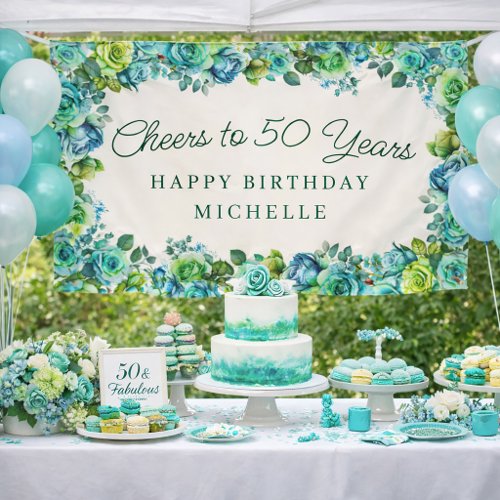 Elegant Teal Green Floral Cheers to 50 Birthday Banner