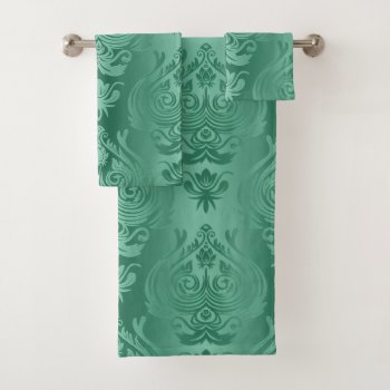 Elegant Teal Green Floral Damask Print Bath Towel Set by UROCKDezineZone at Zazzle
