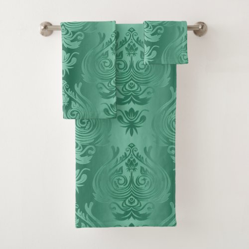 Elegant Teal Green Floral Damask Print Bath Towel Set