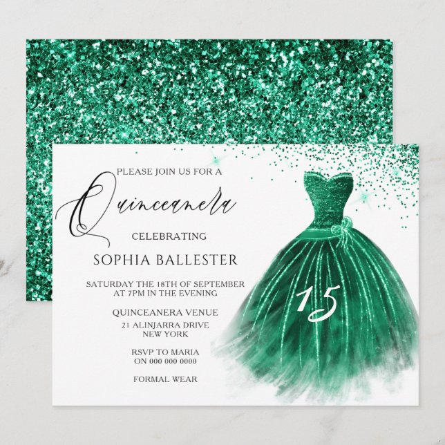Elegant Teal Green Glitter Gown Quinceanera Party Invitation (Front/Back)
