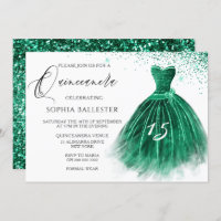 Elegant Teal Green Glitter Gown Quinceanera Party Invitation