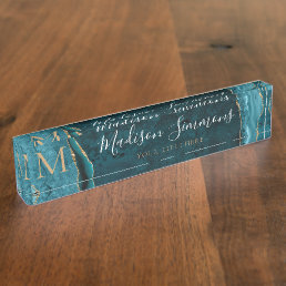 Elegant Teal Green Gold Agate Geode Monogram Desk Name Plate