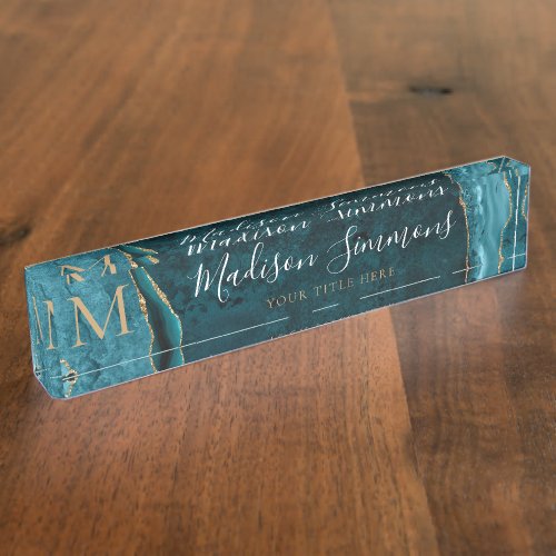 Elegant Teal Green Gold Agate Geode Monogram Desk Name Plate