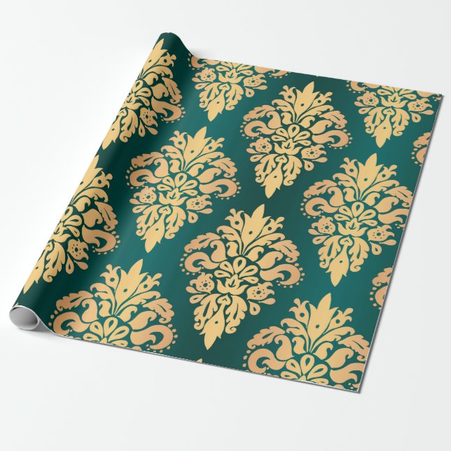 Elegant Teal Green Gold Classic Damask Pattern Wrapping Paper (Unrolled)