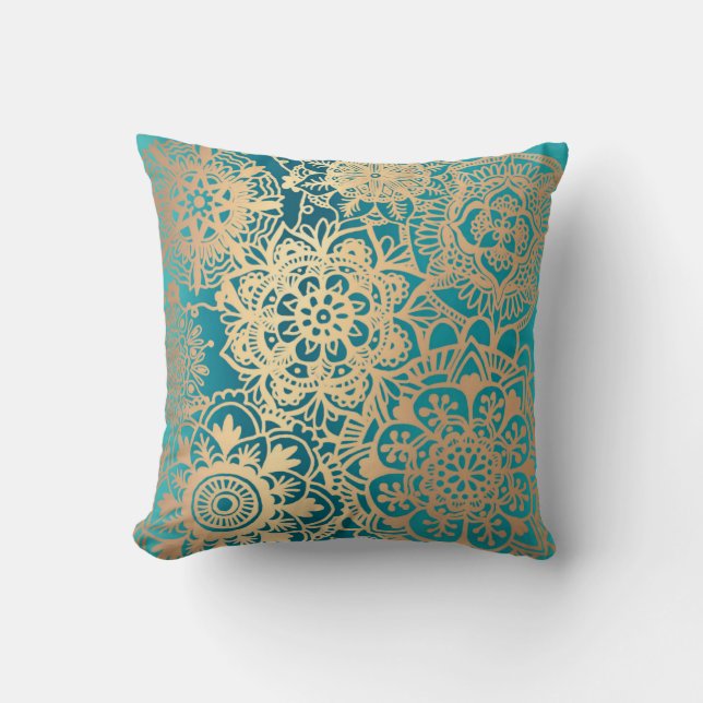 Elegant Teal Green Gold Mandala Pattern Throw Pillow (Front)