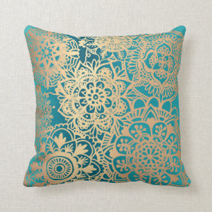 Elegant Teal Green Gold Mandala Pattern Throw Pillow