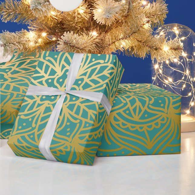 Elegant Teal Green Gold Mandala Pattern Wrapping Paper (Holidays)