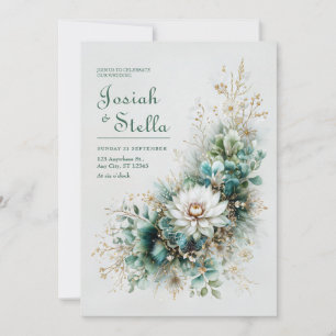Elegant Teal Green Gold White Floral Wedding Invitation