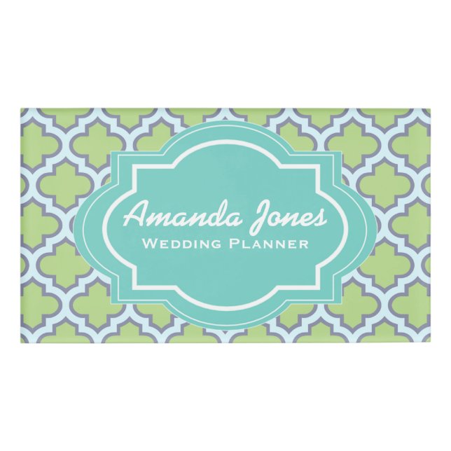 Elegant Teal Green Quatrefoil Wedding Planner Name Tag (Front)