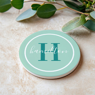 Elegant Teal Green Round Monogram Script Coaster