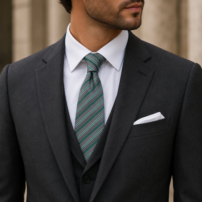 Elegant Teal Green & Silver Diagonal Striped Neck Tie (Creator Uploaded)