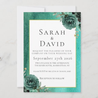 Elegant Teal Green Watercolor Floral Wedding Invitation