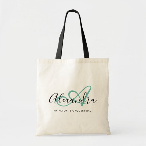 Elegant Teal Green White Script Name Monogram  Tote Bag