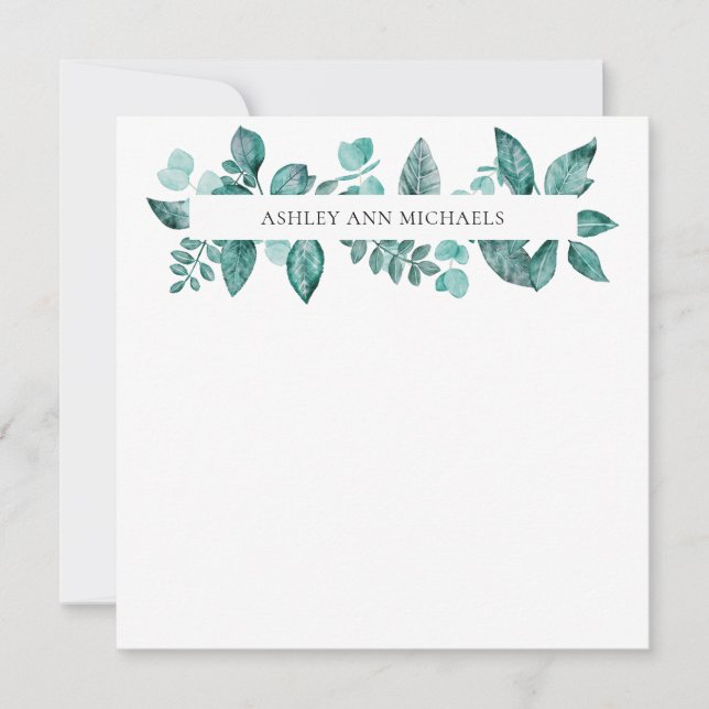 Elegant Teal Greenery Leaves Personalized Name  Note Card (Front)