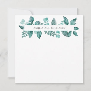 Elegant Teal Greenery Leaves Personalized Name  Note Card