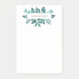 Elegant Teal Greenery Leaves Personalized Name Post-it Notes