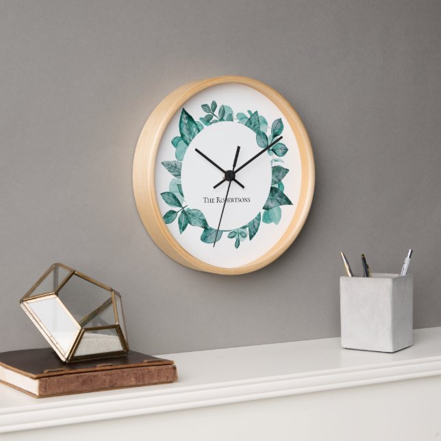 Elegant Teal Greenery Modern Personalized Name Clock (Office)
